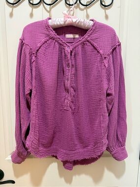 Free People Textured Henley Pullover - Magenta